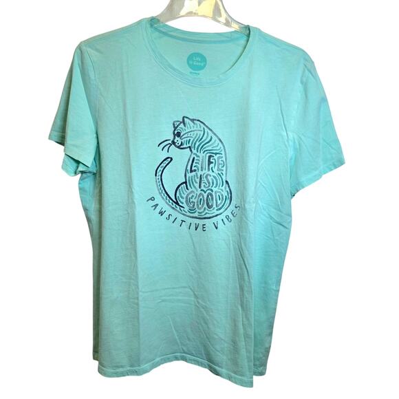 Life is Good Cat Crusher Shirt Womens Short Sleeve Sz Large Green - Picture 2 of 8